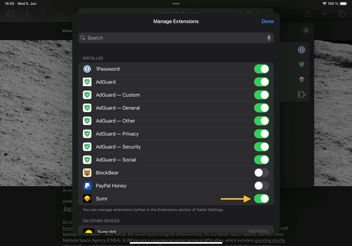 toggle on Sumr extension