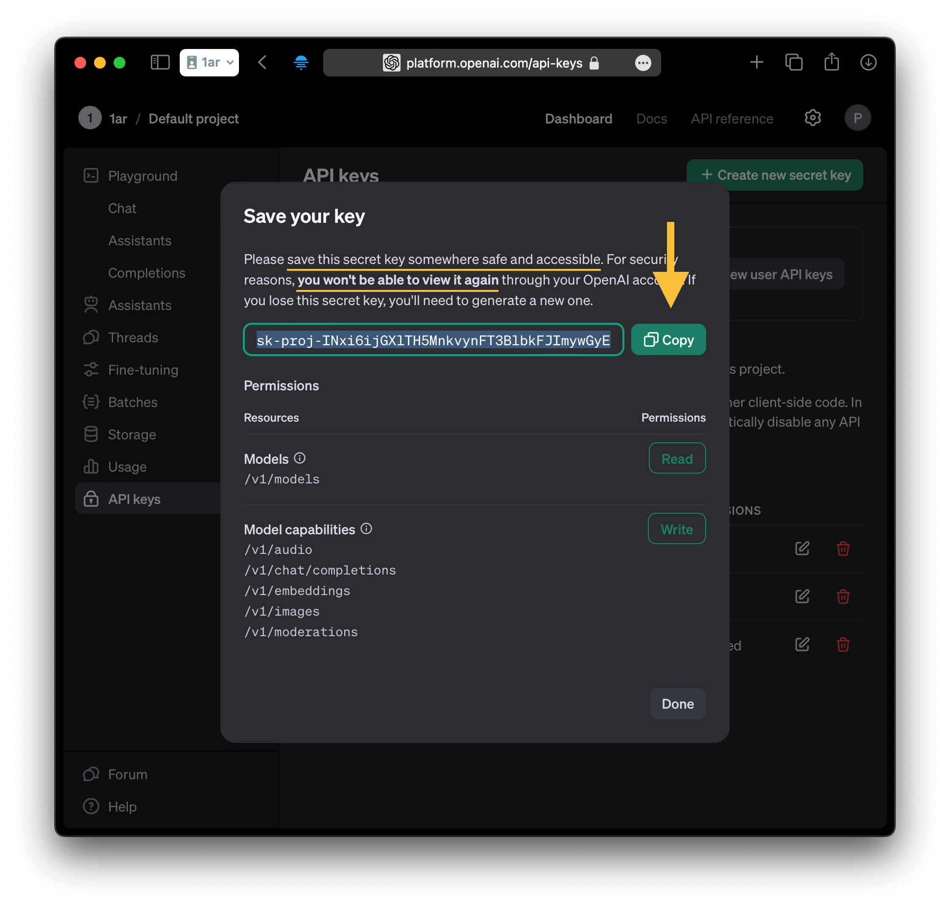 copy your new API key